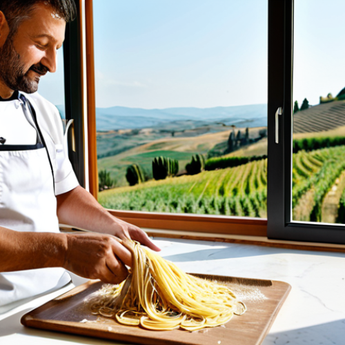 **

A professional chef in a modern Italian kitchen, fully clothed in chef's whites and apron, preparing pasta. The kitchen has stainless steel appliances and a window overlooking a sunny Tuscan landscape. Focus on the chef's hands expertly handling the dough. Safe for work, appropriate content, fully clothed, professional, perfect anatomy, correct proportions, well-formed hands, natural pose, high quality, family-friendly.

**