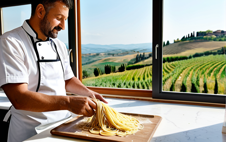 **
A professional chef in a modern Italian kitchen, fully clothed in chef's whites and apron, preparing pasta. The kitchen has stainless steel appliances and a window overlooking a sunny Tuscan landscape. Focus on the chef's hands expertly handling the dough. Safe for work, appropriate content, fully clothed, professional, perfect anatomy, correct proportions, well-formed hands, natural pose, high quality, family-friendly.
**